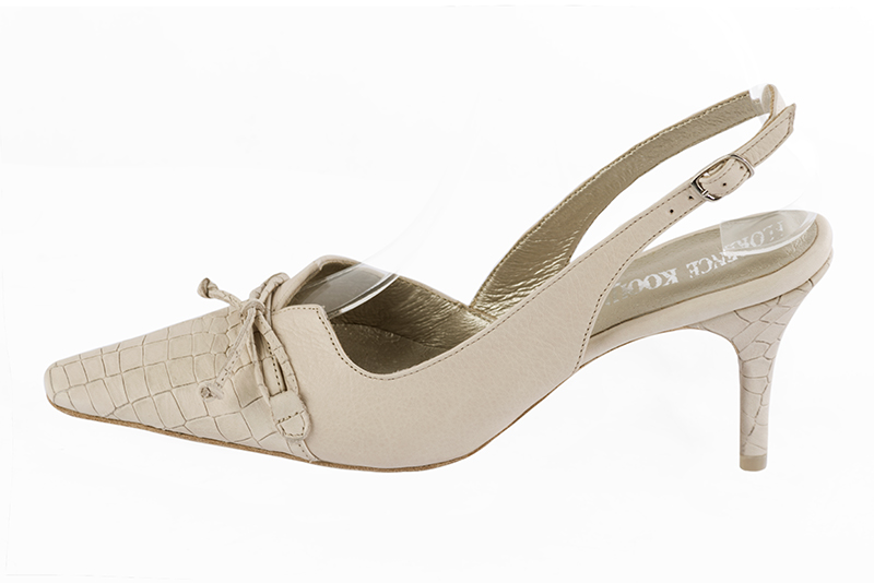 Champagne white women's open back shoes, with a knot. Tapered toe. High slim heel. Profile view - Florence KOOIJMAN